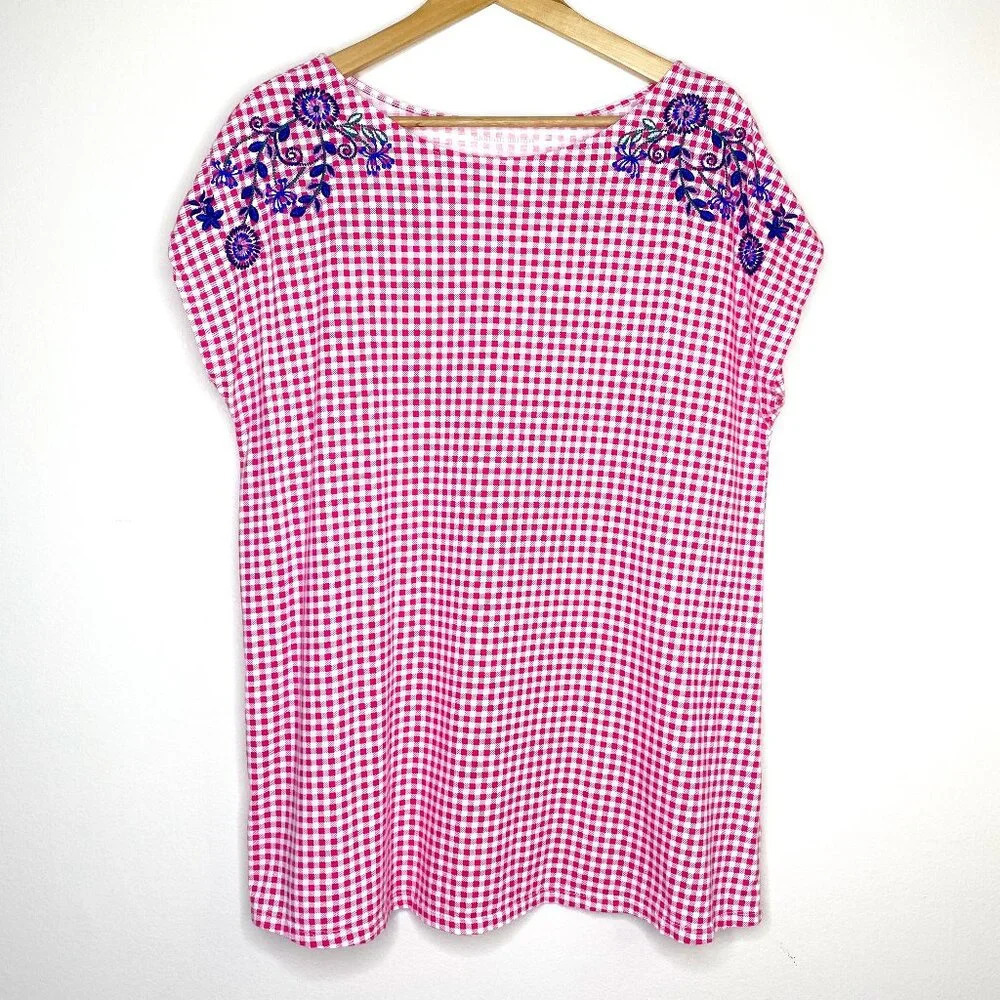 Woman Within Pink Gingham Blue Floral Embroidered Top Short Sleeve 14/16